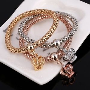 Gold Plated Tri-Color Gold Crystal Crown Charm Bracelets